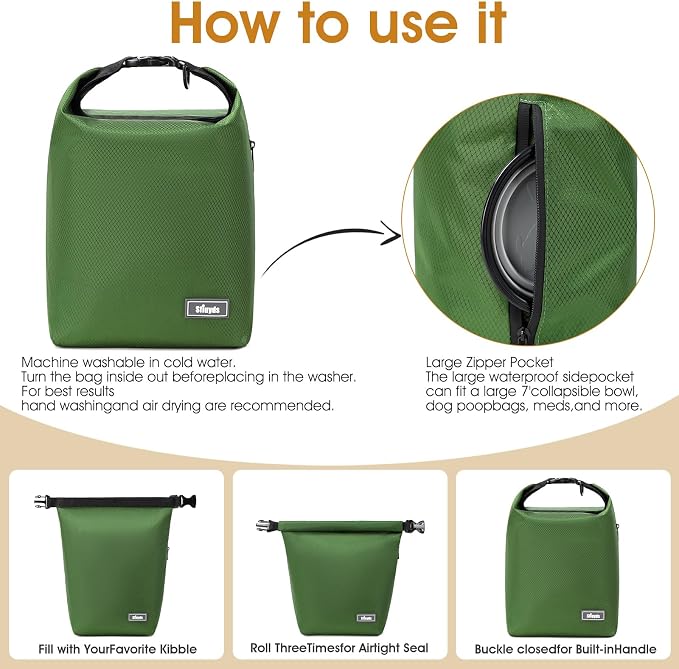 Dog Food Travel Bag Pet Food Container2PCS Collapsible Dog Travel Bowls and Zipper Side Pocket 20L (Green, Large)