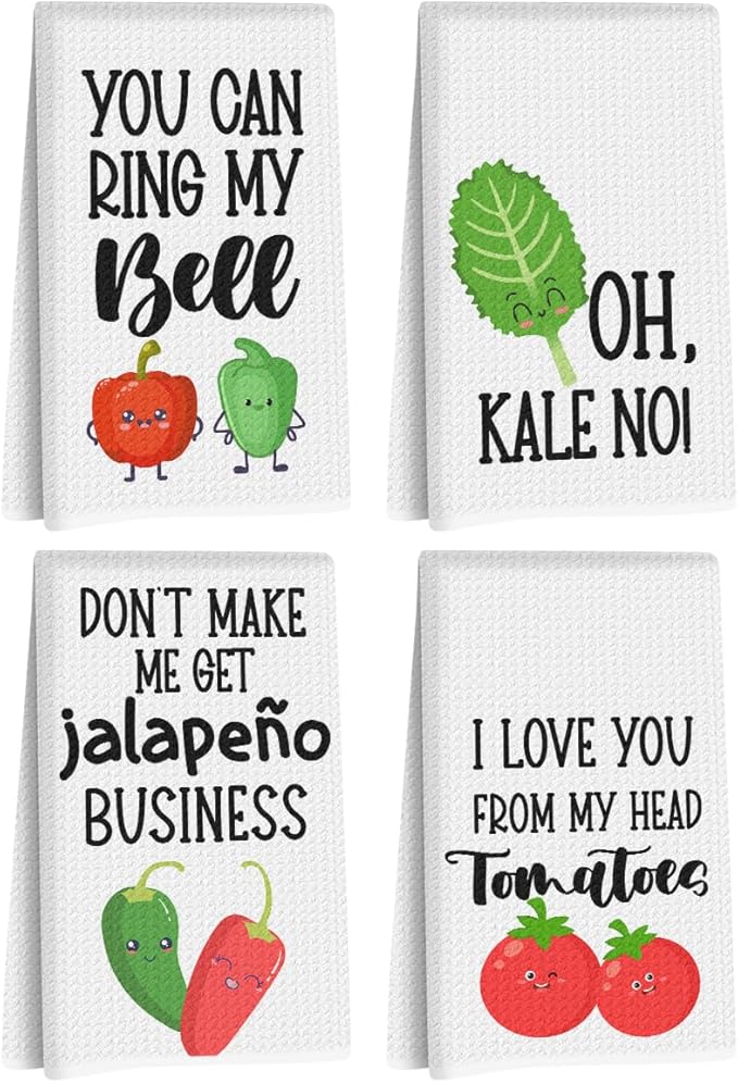 4Pcs Funny Chili Kitchen Towels 24x14 Inch, Chili Pepper Tomato Decor Microfiber Reusable Tea Towels for Kitchen Farmhouse, Durable Waffle Dish Drying Towel, Housewarming Gifts for Women Mom