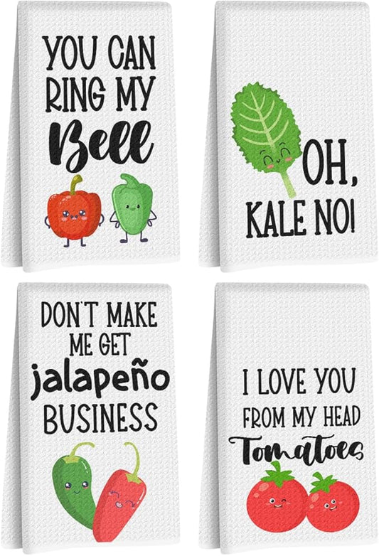 4Pcs Funny Chili Kitchen Towels 24x14 Inch, Chili Pepper Tomato Decor Microfiber Reusable Tea Towels for Kitchen Farmhouse, Durable Waffle Dish Drying Towel, Housewarming Gifts for Women Mom