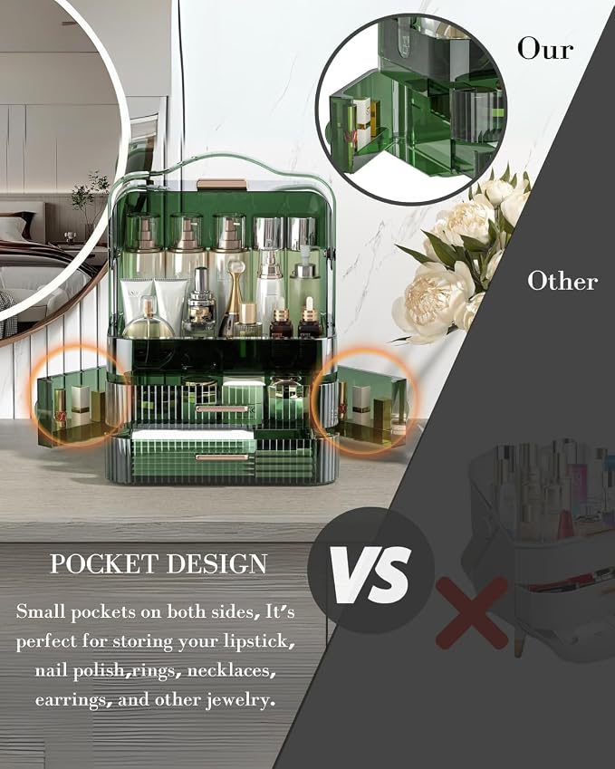 LINFIDITE Cosmetics Storage Box Transparent Lid Large Makeup Organizer Box Drawers Portable Handle Waterproof Dustproof Skincare Display Cases for Countertop, Bathroom, Dresser,Gift Clear Green