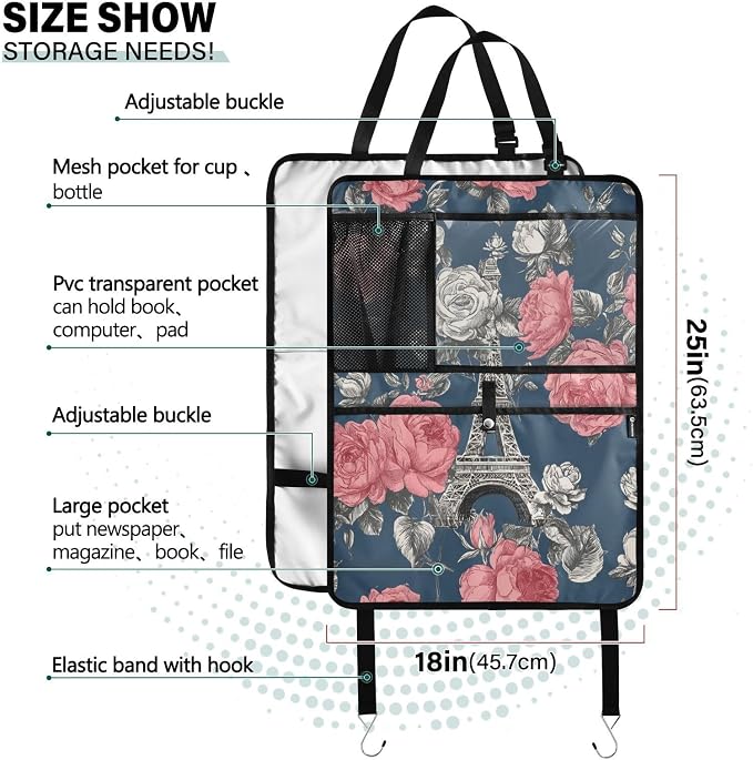1 Pack Back Seat Car Organizer with Storage Pockets Kick Mats Back Seat Protector Hanging Car Organizer Automotive Seat Back Cover Organizers Blue French Eiffel Tower and Roses
