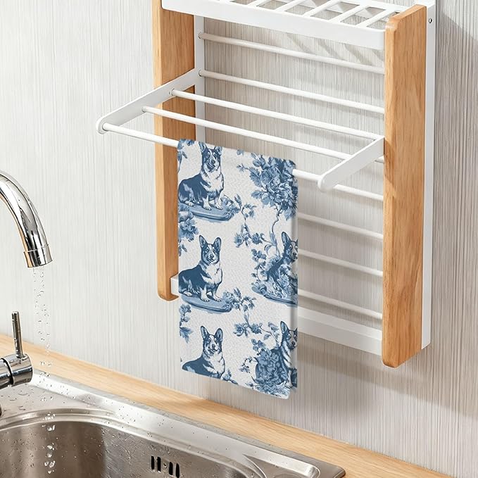 Corgi Kitchen Dish Towels,Blue and White Floral Dog Towel Dish Tea Towels, Chinoiserie Decor for Kitchen Bathroom,Corgi Gifts for Dog Lover Mom Dad,16x24 Inch
