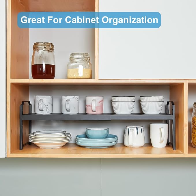 1 Pack Expandable Cabinet Countertop Shelves, Stackable Shelves Organizers For Kitchen Cabinet Countertop Storage, Adjustable Counter Cupboard Pantry Organizer Shelf Rack Stand, Length:25.5"