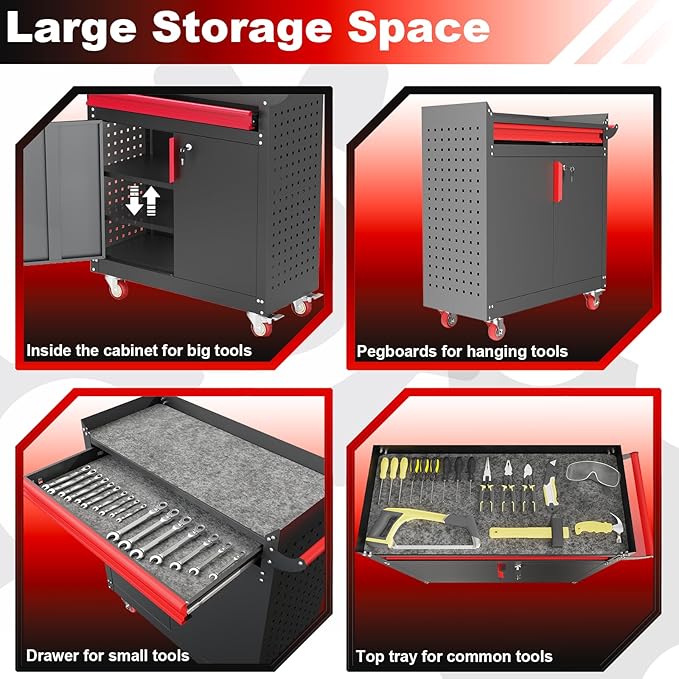 Kelueo Metal Garage Storage Cabinet with Wheels,Lockable Storage Cabinets with Adjustable Shelf,Steel Tool Locker with Pegboard and Handle for Garage,Warehouse