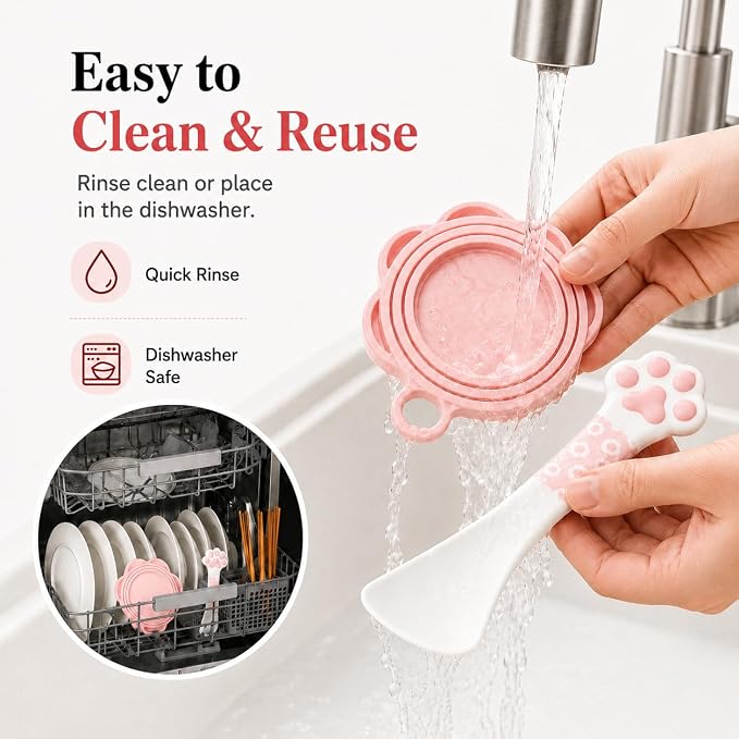 Meow&Woof Cat Food Can Lid and Spoon, BPA Free Cover for Animal Wet Food Storage, Reusable Topper for 3/5 /5.1/5.5/12/ 13 oz Cans Refrigerator Fresh Wash Machine Apply