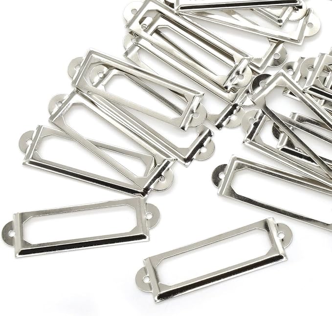 50 Pcs Label Holders Library File Drawer Tags Label Holder Metal Frame Name Card Frame for Drawer Cabinet (Silver)