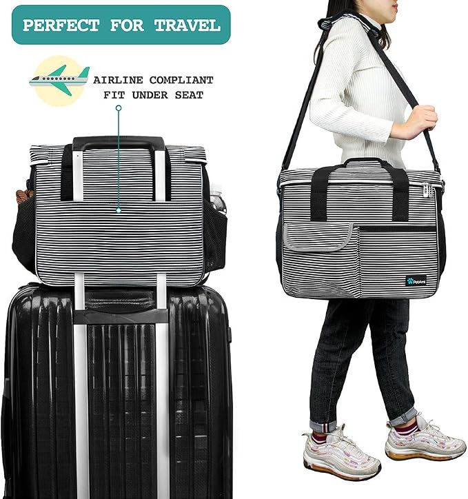 PetAmi Dog Travel Bag Organizer, Pet Supplies Tote, Stripe Black Medium | Pet Travel Kit with 2 Food Containers & 2 Collapsible Dog Bowls, Luggage Sleeve, Weekend Getaway Road Trip Camping Essentials