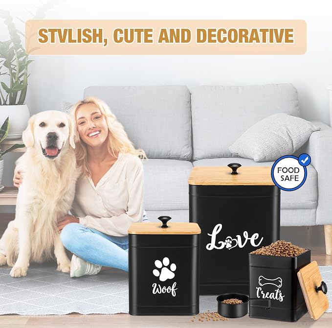 Jingmore Metal Dog Treat Containers Set of 3 with Bamboo Lids and Spoon Airtight 7+3+2 lbs Dog Food Snack Jars with DIY Labels Big Pet Cookie Storage Jar for Kitchen Counter(Black,Classic)