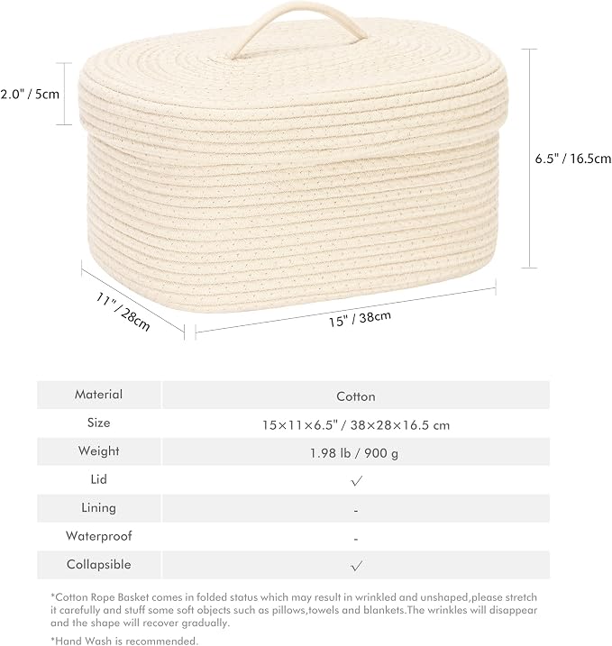 Sea Team Oval Storage Basket, Woven Cotton Rope Basket with Lid, Cream | Decorative Knitted Storage Bin, Multi-Purpose Lidded Organizer for Closet Shelves, Nursery and Household Storage