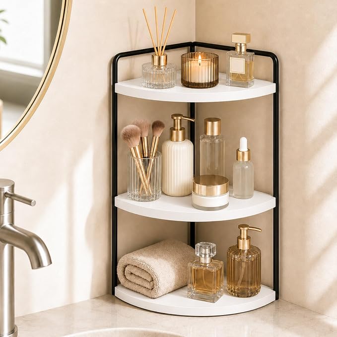 3-Tier Corner Bathroom Counter Organizer, Solid Pine Vanity Shelf, White | Solid pine 3-tier corner shelf with 6.3 in clearance for tall bottles in bathroom, vanity, kitchen, or coffee bar.