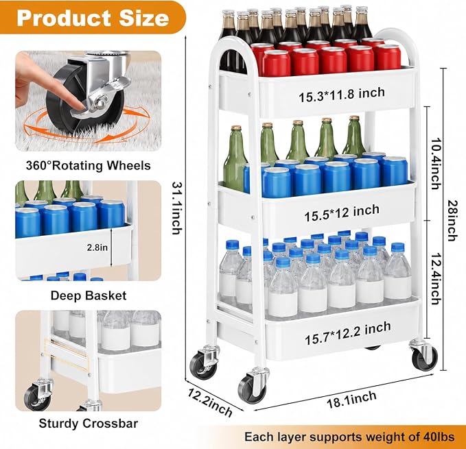 3 Tier Metal Rolling Cart Organizer, White Utility Storage Carts on Wheels | Three Tiered Bedside Carts for Baby Essentials, Utility Roller Shelf for Snack, Art, Cleaning, Craft, Diaper Caddy, Book