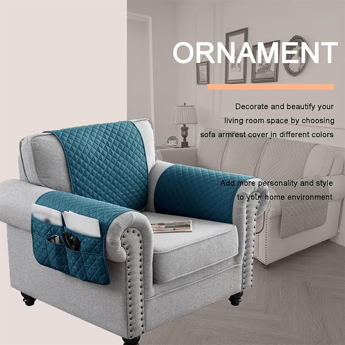 Water-Resistant Sofa Armrest and Headrest Covers with Side Pocket | Keep remotes close quilted polyester helps guard against wear, pet scratches, and kids' messes silicone backing adds grip