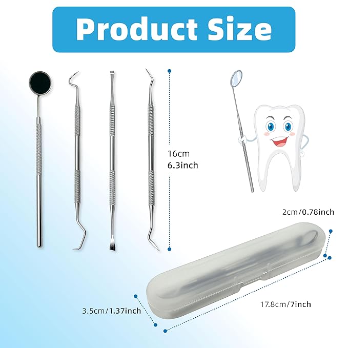 4 Pack Dental Tools for Teeth Cleaning, Professional metal toothpick home oral care kit,Stainless steel dental scraper, plaque remover, with storage box, dentist-grade, pet oral care kit.