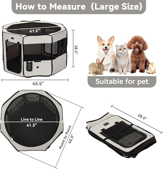 PETSFIT 45.5" Dog Playpen with Dual Zipper Doors –Sturdy Foldable Pet Playpen for Large & Medium Dogs with Removable Mesh Top and Leakproof Bottom