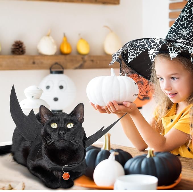 OLANRUN Cat Halloween Costume, Cat Costumes, Small Dog Halloween Costumes - Bat Wing with Pumpkin Bell for Pet Halloween Cosplay Party Dress Up Accessories (Small)