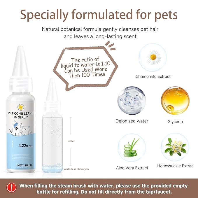 Pet Steam Brush for Dog & Cat - Pet comb leave-inserum for Shedding & Hair Removal - Self Cleaning Spray Comb with Mist for Long Haired Pets - Includes 2*Waterless Shampoo, Grey