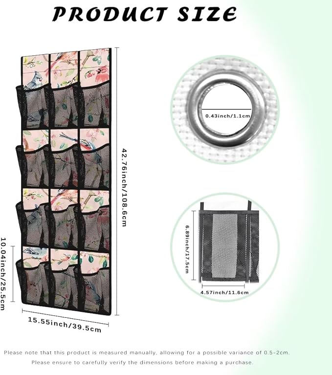 Behind Door Shoes Hang Holder Rack,Bird Pink Shoe Organizer Door Hanger with 12 Mesh Large Pockets,Space Saver Waterproof Reusable