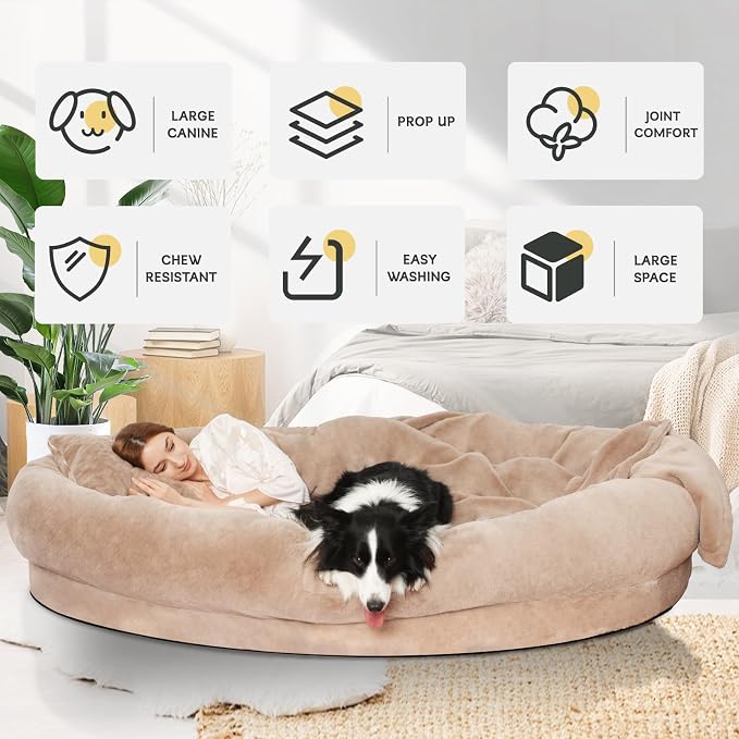 Fvkind Human Sized Dog Bed, Dog Bed for Humans, 71"x51"x12", Khaki | Human Size Dog Bed for People, Large Human Dog Bed, Blanket and Pillow, Thick Orthopedic Foam, Washable Faux Fur Cover