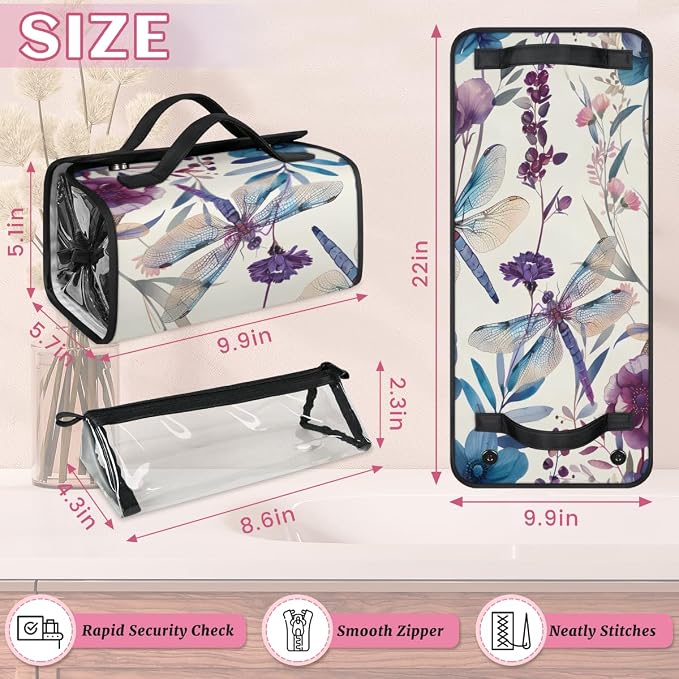 Dragonflies Flower Makeup Bag for Women Hanging Roll-Up Travel Organizer Toiletry Kit with 4 Removable Compartments, Dragonfly Floral
