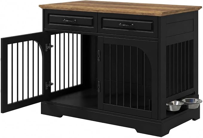 Merax 43.3" Farmhouse Dog Crate Furniture with Rotating Bowls & Drawers – Wooden Indoor Pet Kennel Side Table with Metal Bars – Stylish Dog House for Medium to Large Breeds, Black & Brown