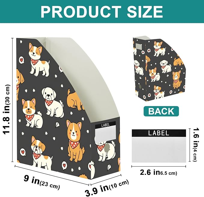 Emelivor Cute Pets Dogs Black Print Magazine Holder Set of 3 Desk File Organizer Foldable Vertical Folder Holder with Labels for Office Organization Book Bins for Library Classroom Home