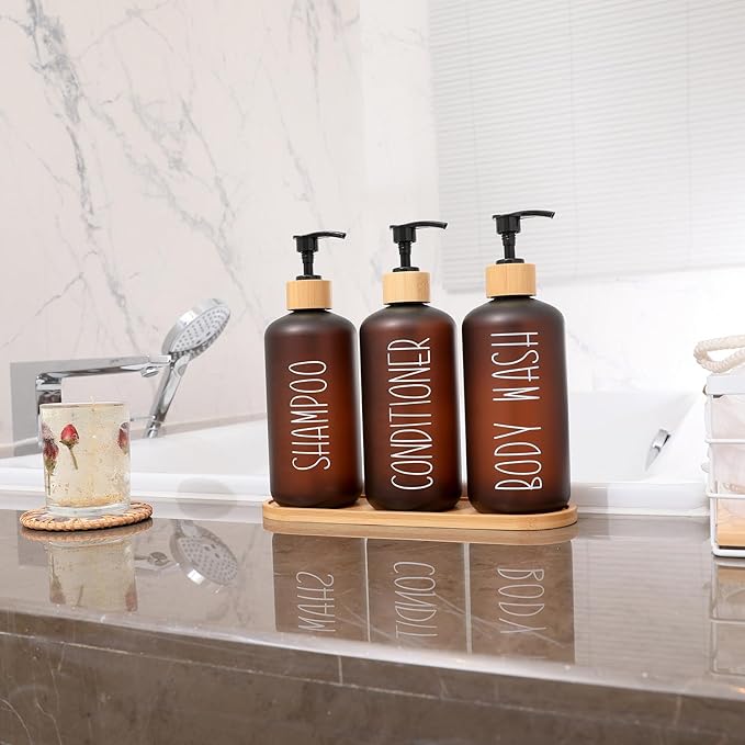 MOMEEMO Amber Shower Dispenser Set, Contains 3 Extra-Thick PET Plastic Bottles with Bamboo Pumps, Shampoo and Conditioner Dispenser for Shower Perfect for Modern Bathroom Decor. (Amber)