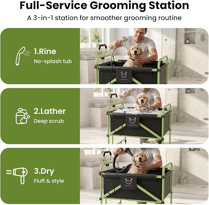 2-in-1 Dog Bathtub and Dog Stroller, Portable Dog Bath and Pet Stroller for Small and Medium Dogs (5-55 lbs) and Cats, Four-Wheel Bathing Cart with Brake Green