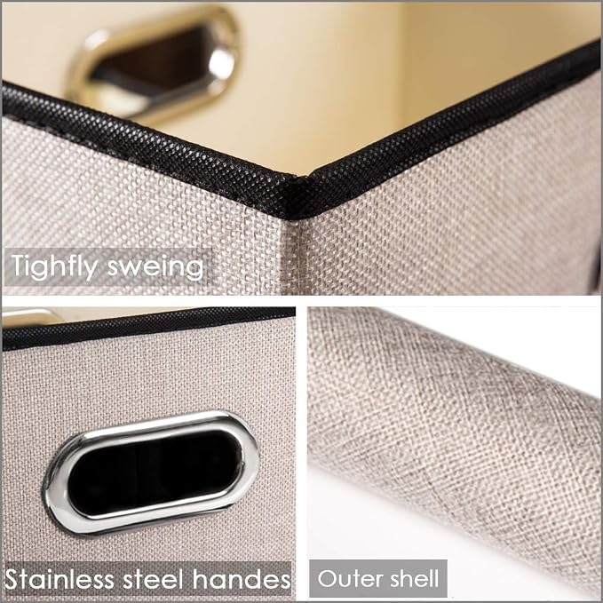 Foldable Storage Bin with Lid [3-Pack] Linen Fabric Decorative Storage Box Organizer Container Basket Cube with Handles Divider for Closet Office Living Room Light Grey(14.9x9.8x9.8)