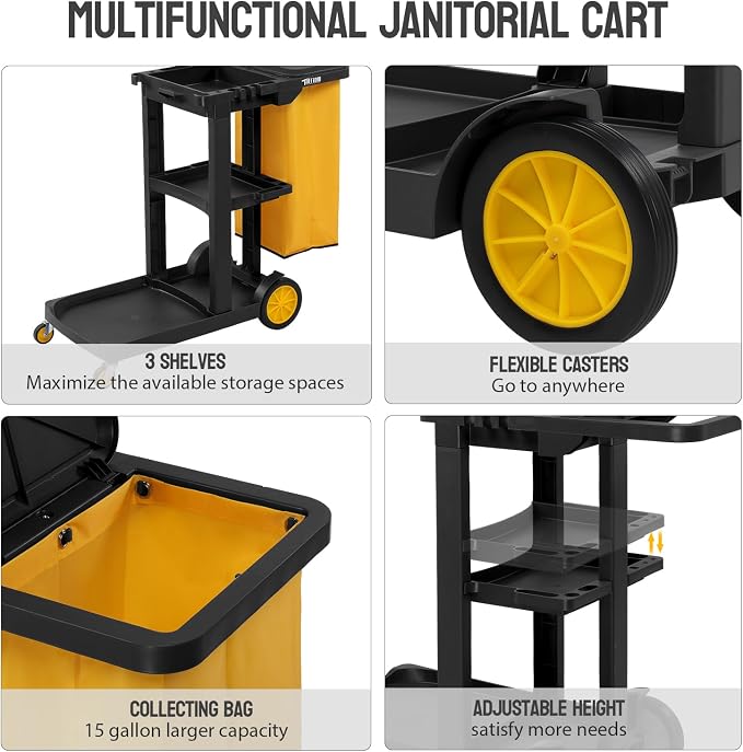 TUFFIOM Commercial Traditional Cleaning 3-Shelf Janitorial Cart, 500 Lbs Capacity Housekeeping Cart, Wheeled with Yellow VinylBag and Cover w Lid, Black,