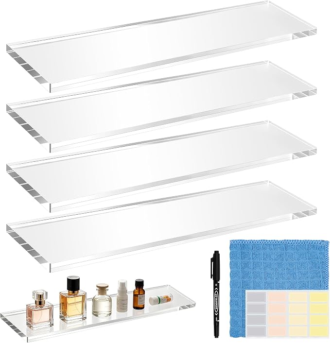 Windspeed 4Pcs 13x3 inch Acrylic Medicine Cabinet Shelf Replacement for Cabinet Medicine Shelf Wall Mounted for Kitchen Living Room Bathroom Organization, with 160 Labels, Pen, Wiping Cloth