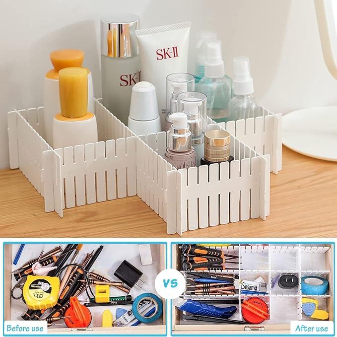 24Pcs Drawer Dividers, Adjustable Drawer Organizer for Socks, White | For Tidying Cutlery, Makeup, Clothes and Dresses in Drawers, Desks and Storage Boxes for Kitchen, Bathroom, Bedroom & Office