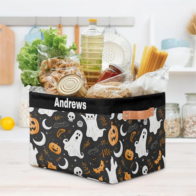 Custom Rectangular Baby Storage Basket, Kids Toys Bin, Books Shelf Basket, Clothes Towel Storage Bin for Nursery, Gift Basket, Pet Basket, Happy Halloween Ghost Pumpkins Bat Leaves