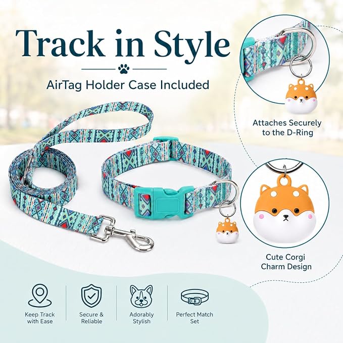 Matching Dog Collar and Leash Set with AirTag Holder-Maya/L | Anti-Lost,Adjustable Durable Pet Collar Leash Combo for Large Boy Girl Dogs,for Outdoor Walking Hiking Training Running
