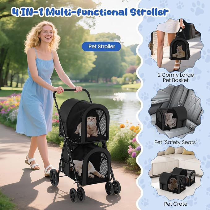Dog Stroller with 2 Detachable Carrier, Pet Stroller for Small Medium Dogs Cats, Jogger/Travel/Camping, 4-in-1 Doggy Pet Carrier, Carrier Strolling Cart with Lockable Wheels (Black)