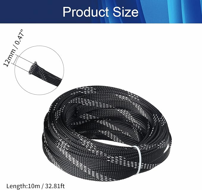 Jutagoss PET Expandable Braided Cable Sleeve, 32.8ft - 1/2 inch Black Silver Cable Management Sleeve, Wire Loom Tube Cord Protector for USB Cable, Power Cord, Audio Video and More, 1Pc