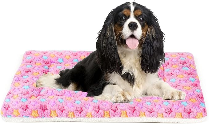 Mora Pets Dog Crate Pad Bed Ultra Soft Pet Mat Star Print Pink 29 x 21 Inch | Washable Crate Mat for Small Medium Large Dogs, Reversible Fleece Dog Crate Kennel Mat Flat Cat Bed Liner
