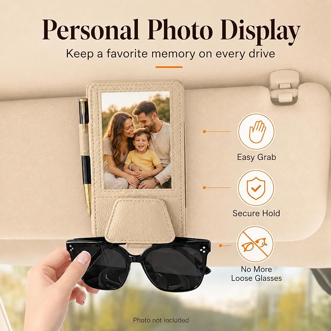 HOLDCY Car Visor Organizer with Registration Holder and Sunglasses Clip | Beige PU Faux Leather With Photo Window, Flip-Open Card Storage, Slim Profile And Tool-Free Setup; 1 Piece
