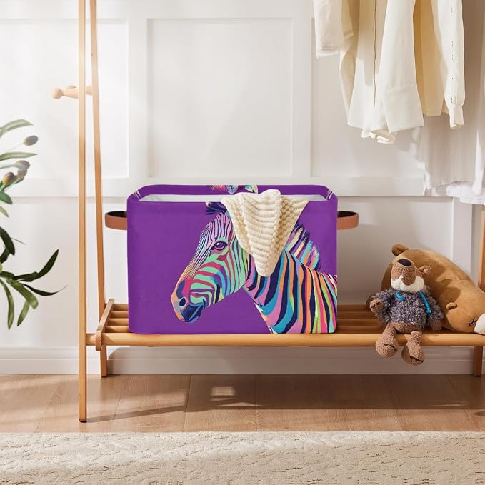 Pardick Storage Baskets Bin, Animal Zebra Collapsible Canvas Fabric Storage Bin Decorative Baskets Toy Organizer Rectangle Storage Boxes with Handles for Home Shelves Nursery,1Pack,A-1812