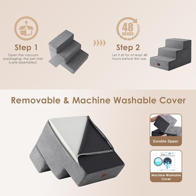 EHEYCIGA Dog Stairs for Small Dogs 16.5" H, 3-Step Extra Wide Ramp, Grey | Pet Steps for Couch Sofa and Chair, Pet Steps for Medium Cats, Non-Slip Balanced Pet Ramp Indoor