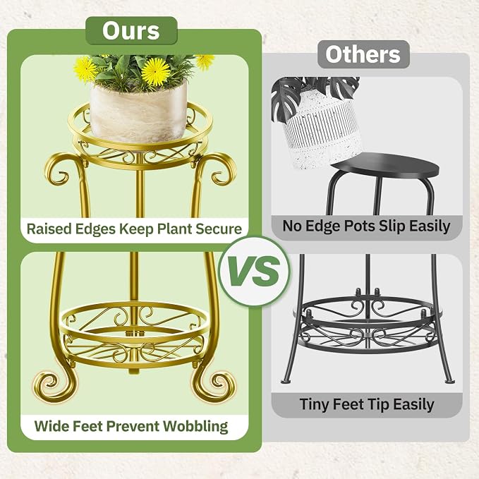 KMOTASUO 3 Tier Metal Plant Stand Tall for Indoor Outdoor Corner, Gold | Heavy Duty Flower Holder Rack, Modern Vertical Iron Shelf for Patio Bathroom Office Garden