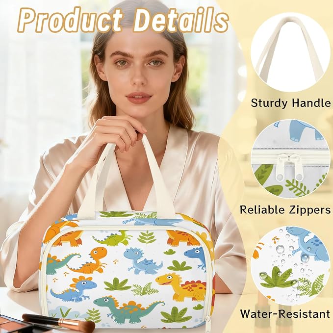 Cute Dinosaur Theme Travel Toiletry Bag with Handle | Wet & Dry Separation, Full-Size Bottle Friendly, Leak-Proof, Waterproof, Easy to Clean, for Travel, Gym, Home
