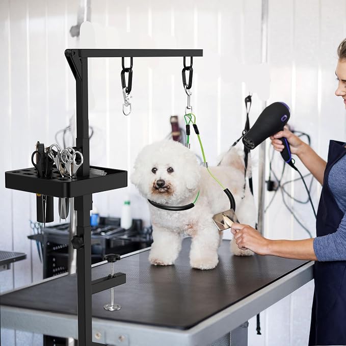Dog Grooming Arm with Tray, 38" Pet Grooming Table Arm with Adjustable No Sit Haunch Holders, Pet Grooming Stand with Clamp for Small & Medium Pets