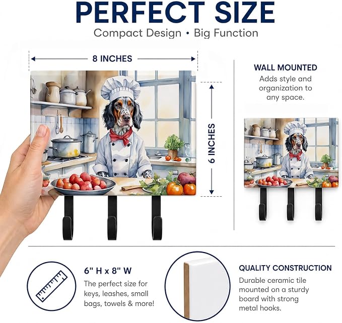 Caroline's Treasures English Setter The Chef Leash or Key Holder Wall Hooks, Key Hooks Holder, Coat Rack Wall Mount, Coat Hooks, Hooks for Hanging Keys, Towels, Aprons, Leashes | English Setter The Chef artwork on ceramic tile with three steel hooks fo...