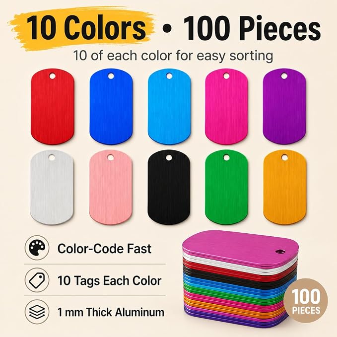 100 Pack Blank Dog Tags, Aluminum Dog Tag Blanks | 1.97 x 1.14 in Metal Stamping Blanks with Hole for Engraving, Pet Tags and DIY Crafts, 10 Colors
