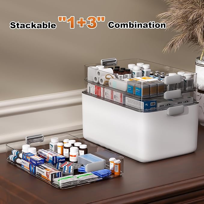 funest 4- Tier Medicine Storage Box Organizer Portable First Aid kit Box Sewing, Art, Craft with Handle, Multipurpose Medical Supply Organizer with Removable Tray
