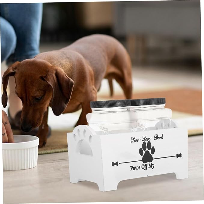 Tofficu Wooden Dog Food Storage Container with Airtight Treat Jars, Household Pet Treat Organizer Box with Dividers, White Wood Crate for Dog Treats and Food Storage