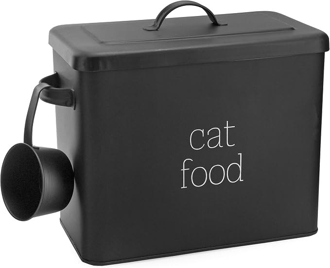 AuldHome Design Farmhouse Cat Food Container (Black) Enamel Look Rustic Cat Food Bin with Scoop