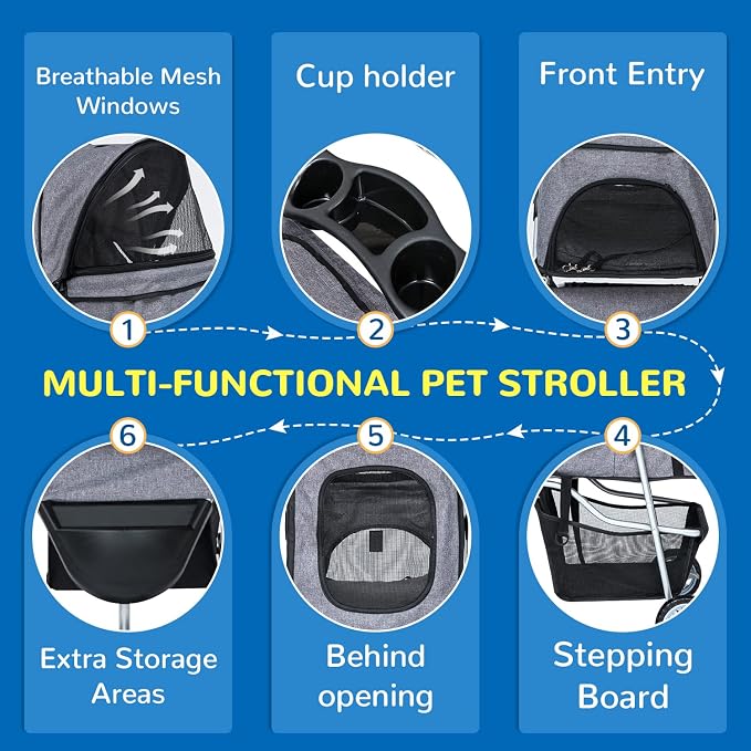 BLKMTY 3 Wheels Dog Stroller, Foldable Stroller for Cat, Dogs Waterproof Travel Carrier Strolling Cart for Puppy Small Dog Jogger Strollers W/Cup Holder & Storage Basket, Grey
