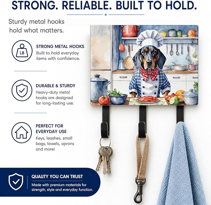 Caroline's Treasures Bluetick Coonhound The Chef Leash or Key Holder Wall Hooks, Key Hooks Holder, Coat Rack Wall Mount, Coat Hooks, Hooks for Hanging Keys, Towels, Aprons, Leashes | Bluetick Coonhound The Chef artwork on ceramic tile with three steel ...