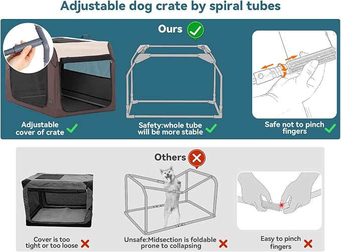PETSFIT Portable Dog Crate, Soft Sided Dog Crate - 36 Inch Sturdy Adjustable Structure, Easy to Set Up, Collapsible Dog Car Kennel, Light Tough with 3 Mesh Doors Brown